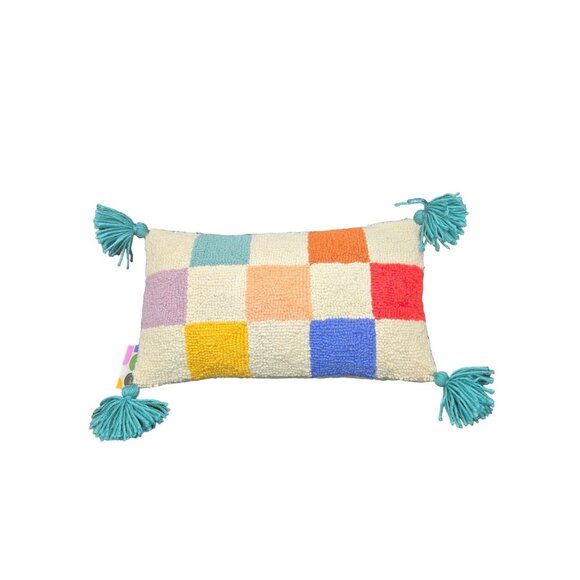 Colorful Boho  Checker Board Throw Pillow With Tassels 10" X 17" - Picture 5 of 6
